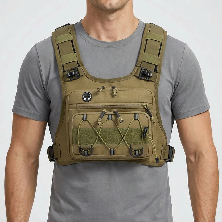 Front view of lightweight unisex running hydration vest showing secure phone pocket & reflective elements for safety.