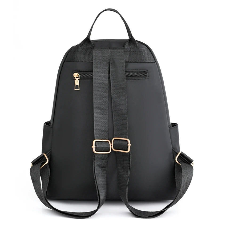 Khaki lightweight water-resistant nylon backpack for women, great for school, travel & daily use.