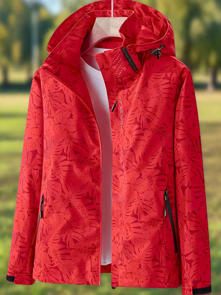 Fashionable women's rain jacket, lightweight & hooded, perfect for outdoor summer adventures.