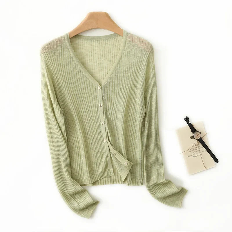 Soft feel V-neck cardigan for women, a versatile lightweight long sleeve outerwear piece for everyday wear.