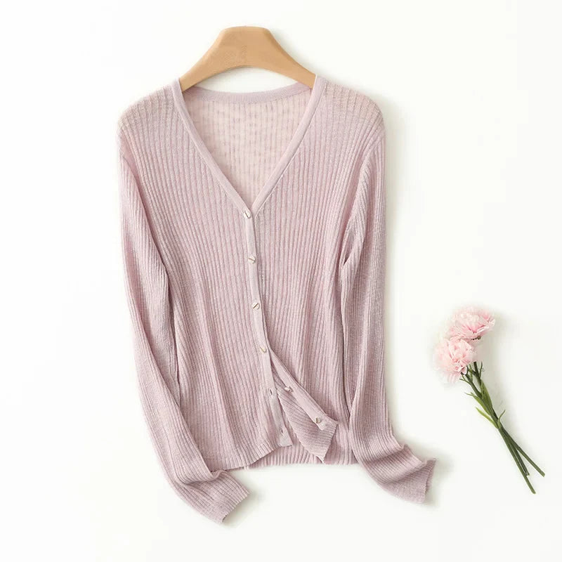 Women's lightweight V-neck cardigan, ideal for layering; a versatile and casual chic addition to any wardrobe.