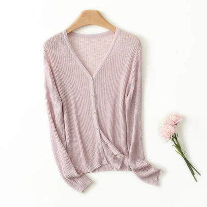 Women's lightweight V-neck cardigan, ideal for layering; a versatile and casual chic addition to any wardrobe.