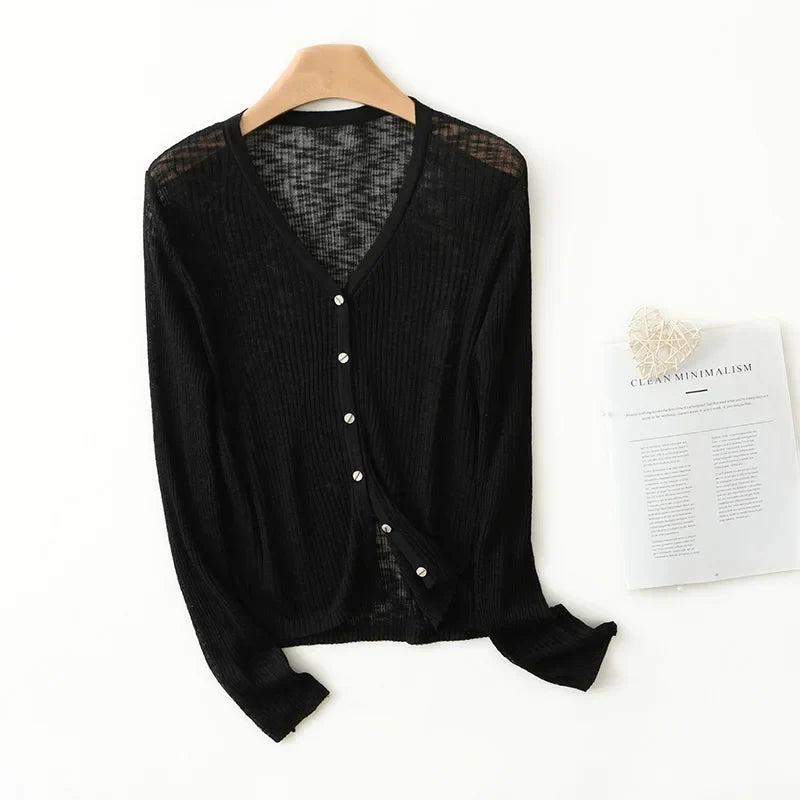Casual chic women's V-neck cardigan; a lightweight, soft-feel long sleeve top for versatile everyday layering.