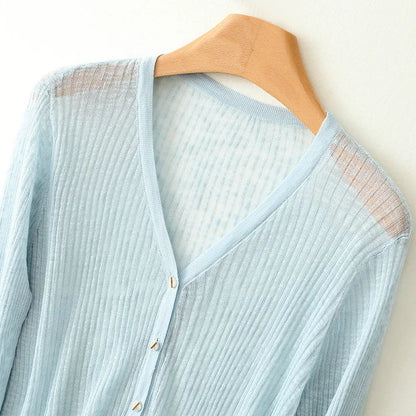 Versatile women's lightweight V-neck cardigan, offering a soft feel and easy layering for casual fashion.