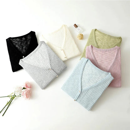 Womenswear: Lightweight V-neck cardigan with long sleeves, soft feel, ideal for versatile casual chic layering.