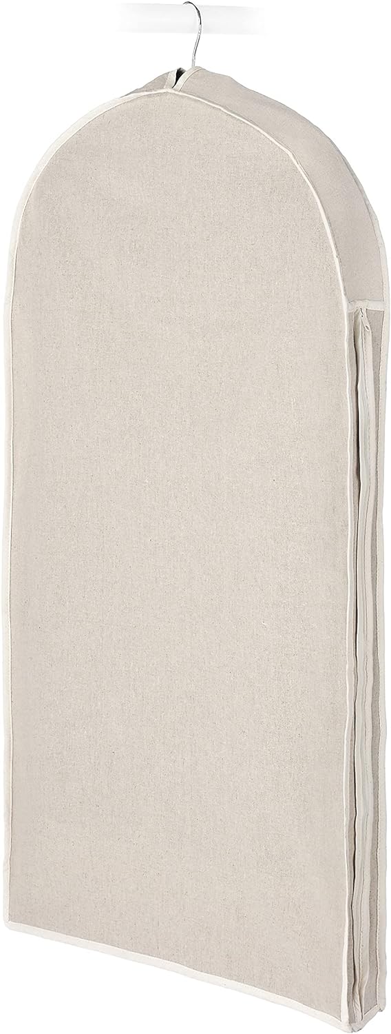 Linen zipped garment cover for dust-proof suit and dress protection. Ideal for clothing storage and travel.