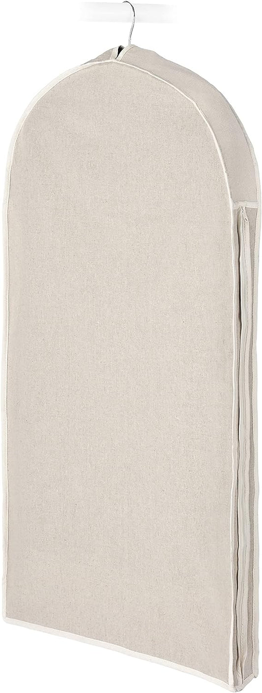 Linen zipped garment cover for dust-proof suit and dress protection. Ideal for clothing storage and travel.