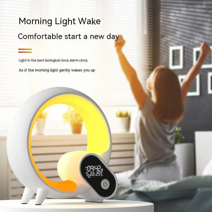 Elegant Liora smart night light on a bedside table, providing soft LED light, white noise, and ambiance.