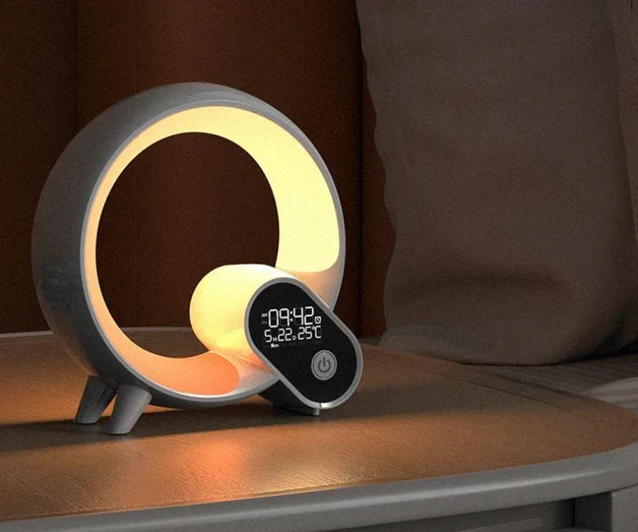 Modern Liora smart night light enhancing bedroom decor with customizable color-changing LED and relaxing white noise.