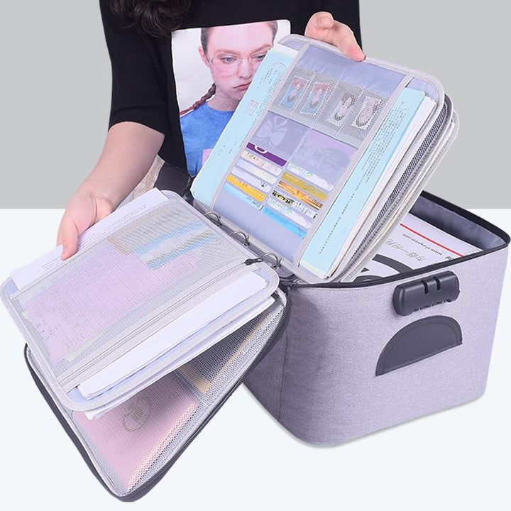 Lockable waterproof document storage case, multi-layer travel organiser for secure important papers.