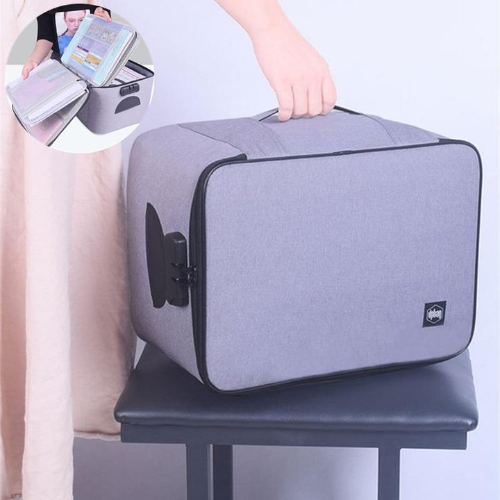 Secure black waterproof document case protecting valuables; ideal lockable travel organiser for home or office.