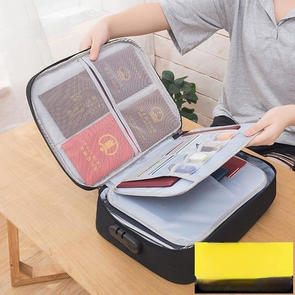 Compact multi-layer lockable document storage case, waterproof for safe travel and home office organisation.
