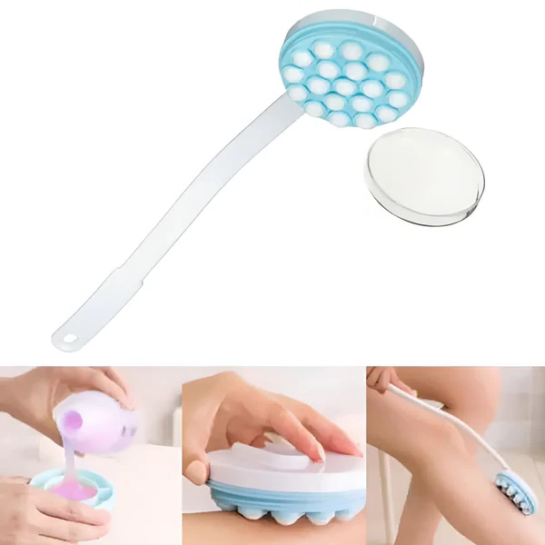Ergonomic back lotion applicator with massager nubs for muscle relief. Perfect self-care tool for body & skin hydration.