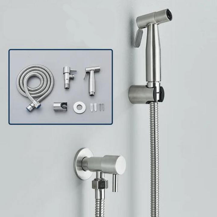 Experience ultimate hygiene with the PureFlow bidet hand shower, designed for effective bathroom cleansing.