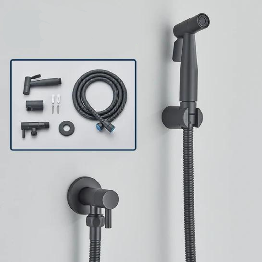 Stylish PureFlow bidet hand shower, stainless steel design for modern bathroom hygiene and home improvement.