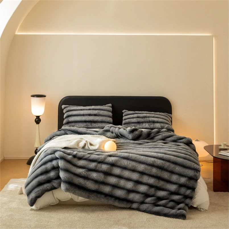 Premium faux fur throw blanket, feels like real rabbit fur, adding luxury and warmth to home decor.