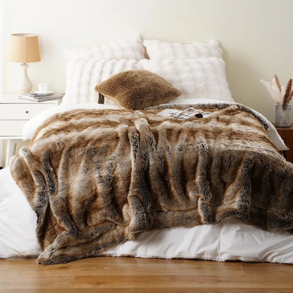 Machine washable faux fur throw blanket, offering luxurious softness and cozy comfort for home relaxation.