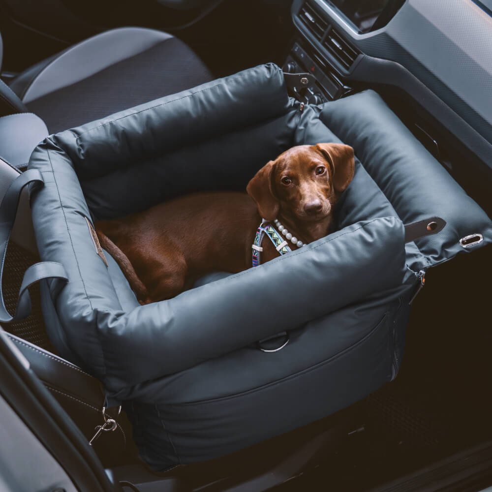 Plush dog booster seat, a comfy travel bed for your pet.