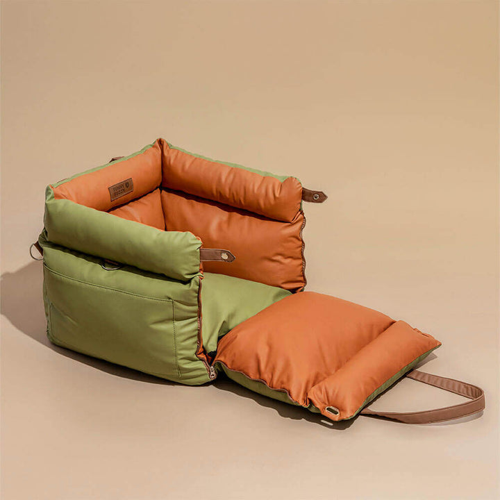 Safe and comfortable dog car seat with faux leather finish.