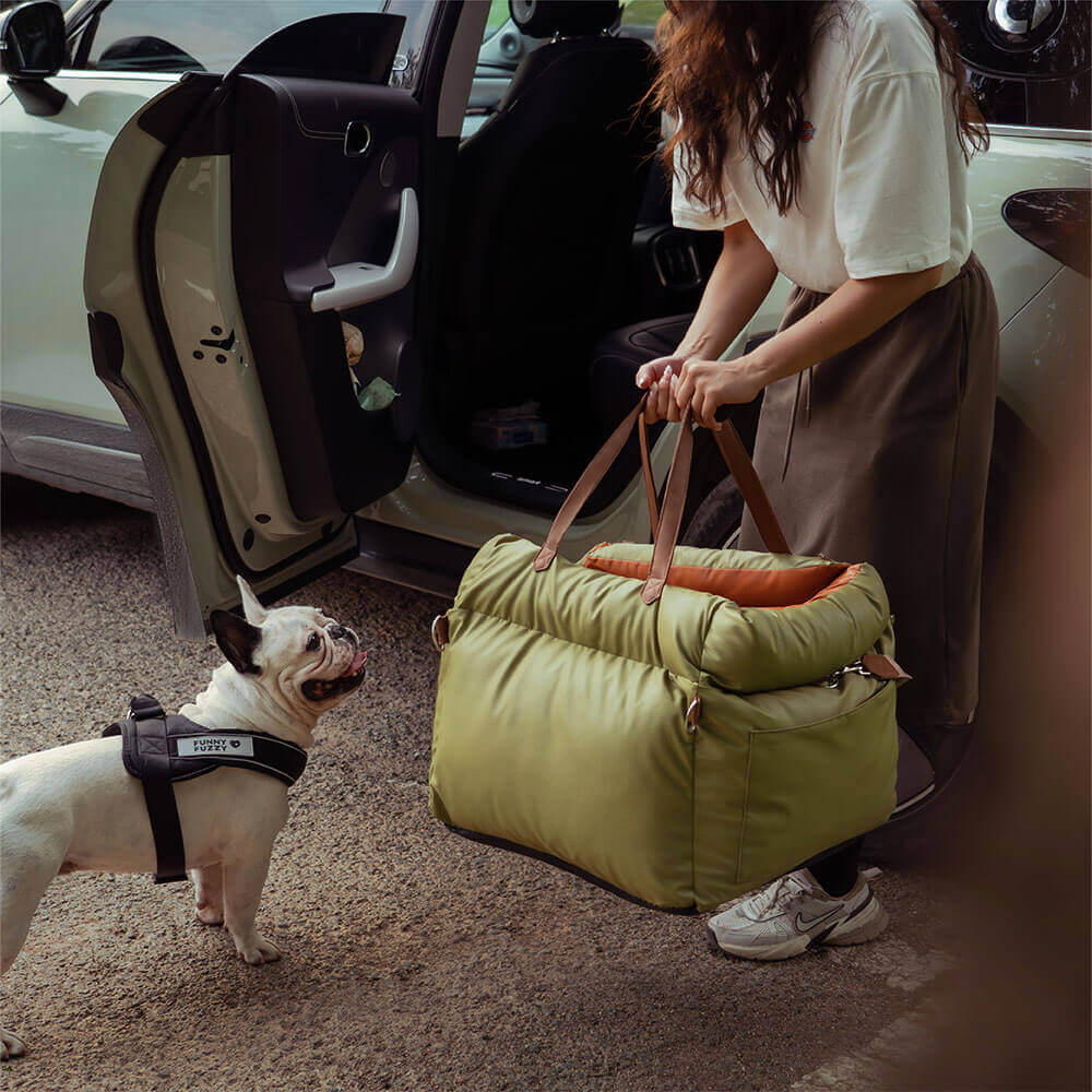 Secure pet car carrier, offering an elevated and safe ride for your dog.