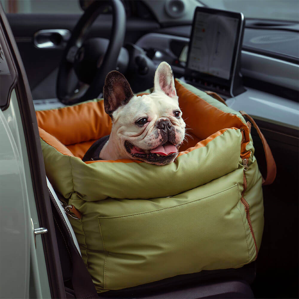 Stylish faux leather dog car seat, a must-have pet accessory.