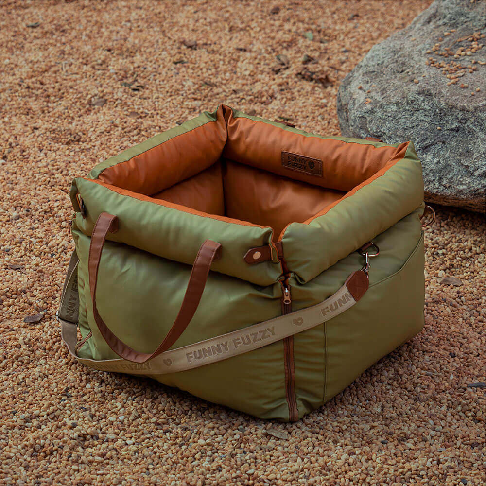 Pet safety booster seat, providing comfort and security for canines.