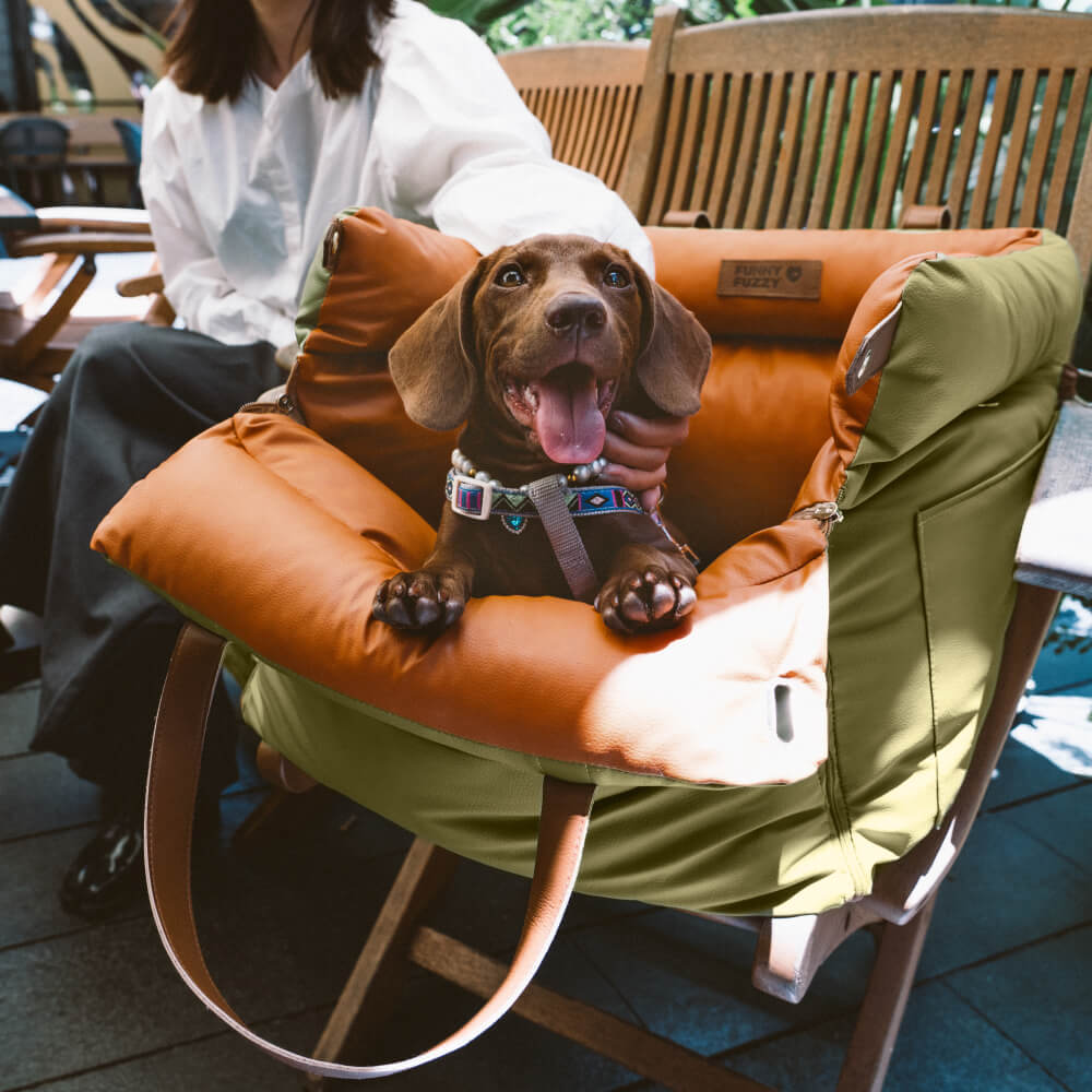 Elevated dog car seat in faux leather, perfect for small to medium dogs.