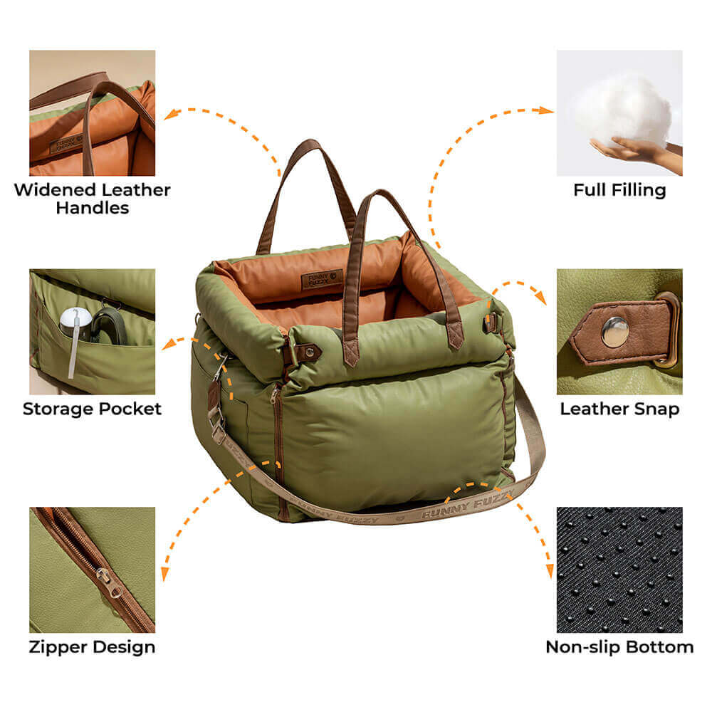 Faux leather pet car seat with booster for elevated viewing.