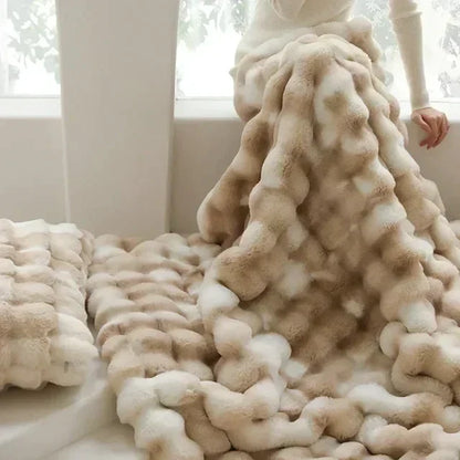 Warm unisex faux fur blanket, extra soft and portable, essential for home, travel, or bed.