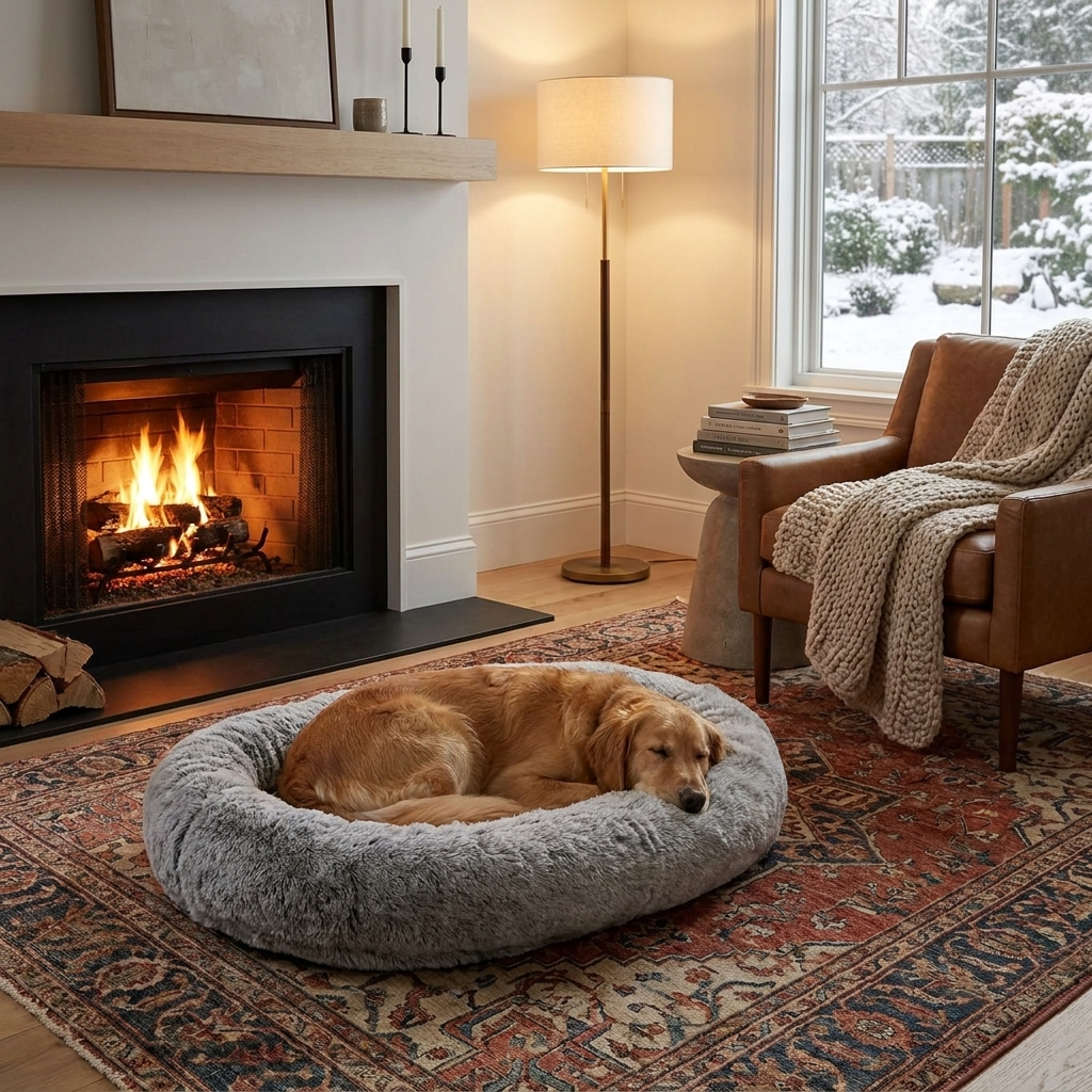 Luxurious human-sized calming pet bed with soft faux fur, perfect for anxiety relief and lounging for adults & pets.