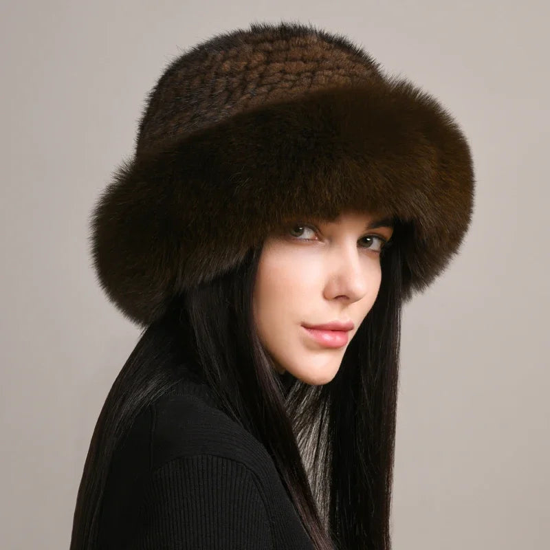 Close-up: Premium, insulated women's winter hat. Elegant, cozy & warm for cold weather fashion. Luxurious.