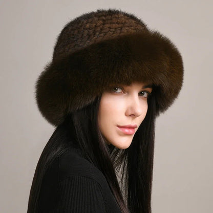 Close-up: Premium, insulated women's winter hat. Elegant, cozy & warm for cold weather fashion. Luxurious.