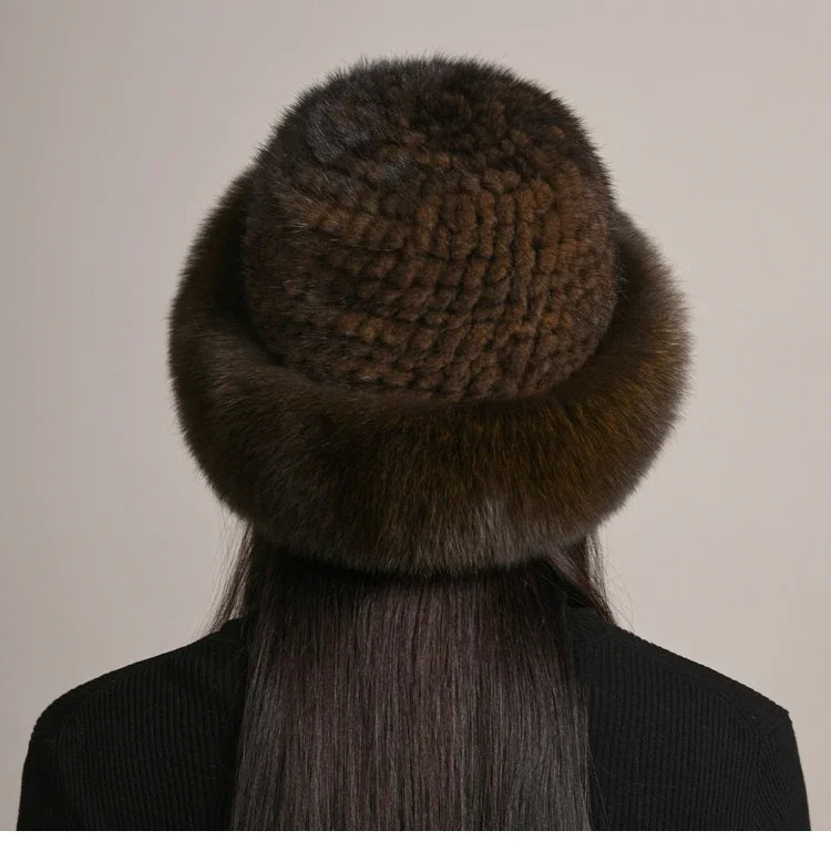 Side view of a luxurious, insulated women's winter hat. Stylish & warm for fall/winter cold weather.