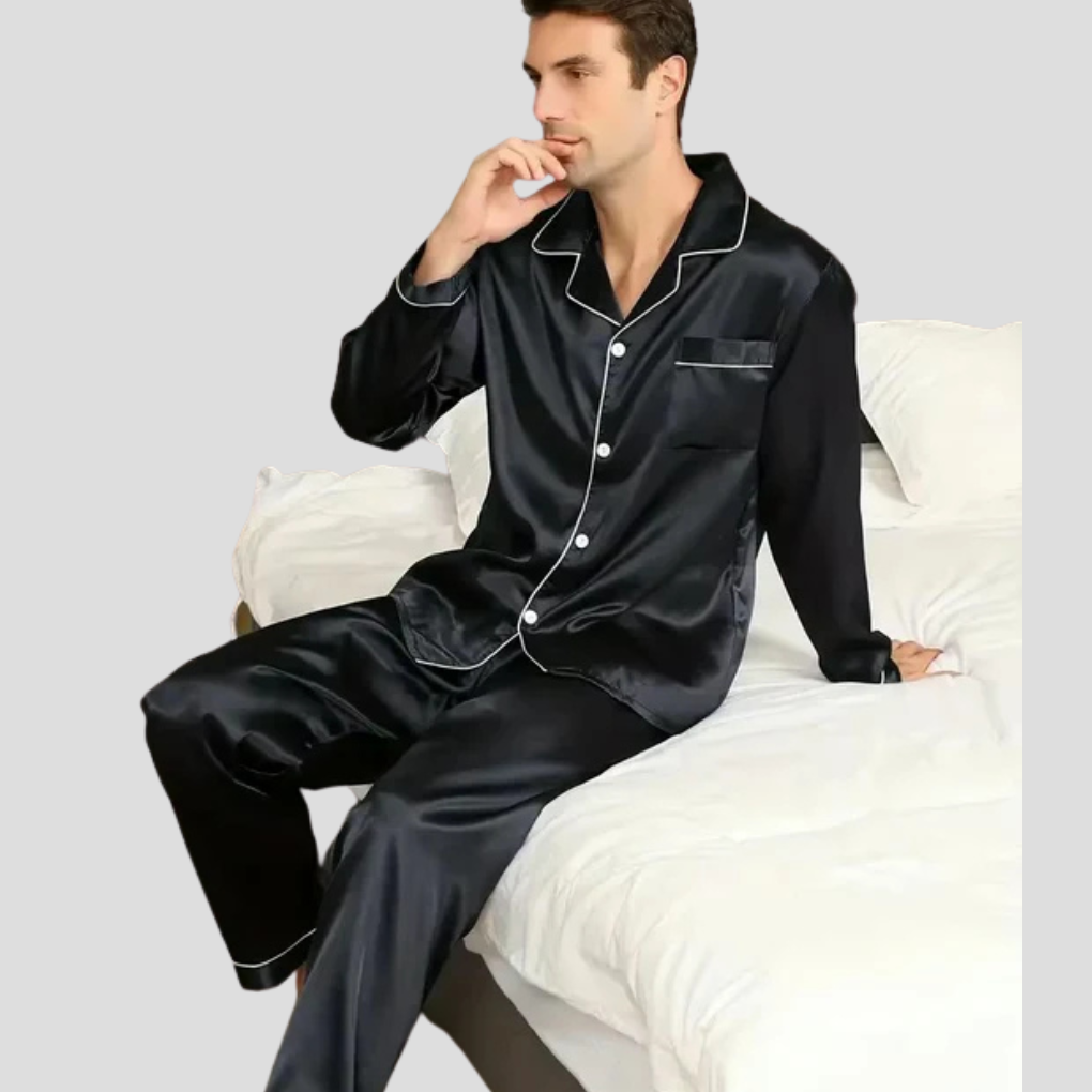 Luxurious men's loungewear pajama set for ultimate comfort & relaxation at home. Stylish two-piece sleepwear.