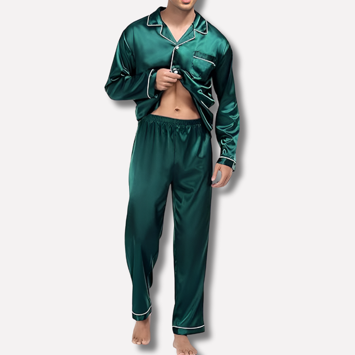 Stylish men's two-piece pajama set, perfect for luxurious home wear, comfortable sleepwear & elegant loungewear.