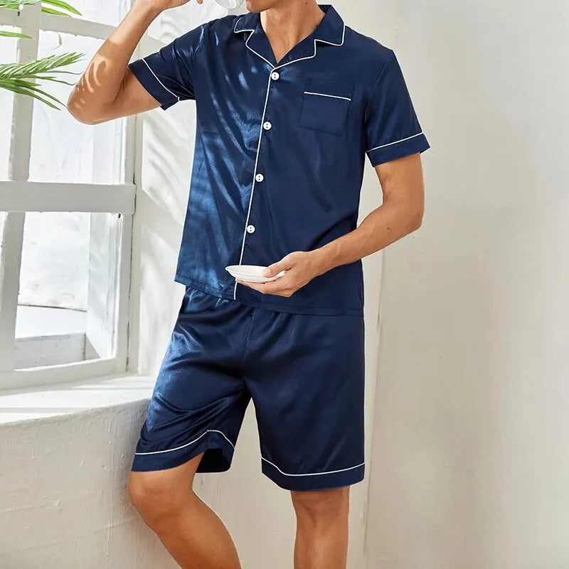 Women's comfortable silky satin sleepwear in a chic navy blue, ideal for luxury loungewear.