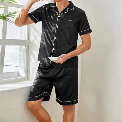 Stylish women's black satin shorts pajama set, perfect for luxurious and comfortable nightwear.