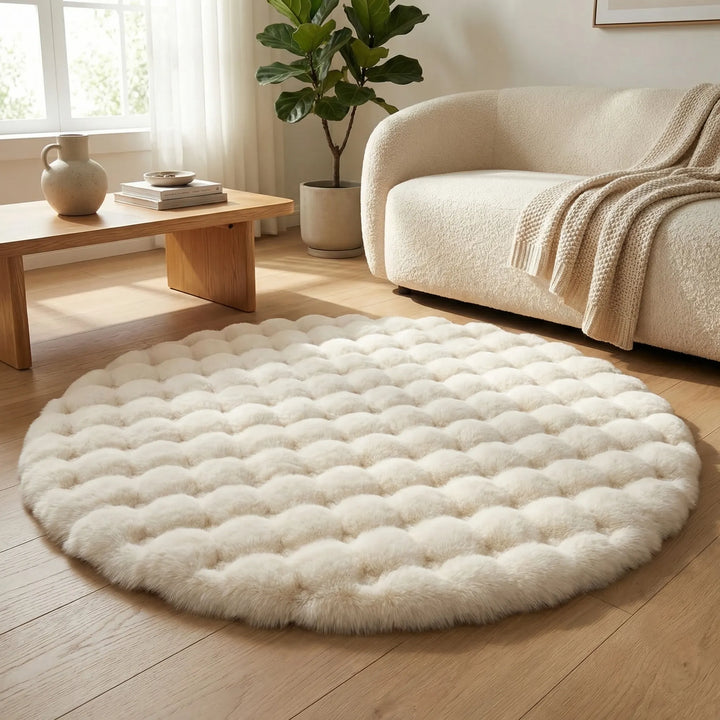 Luxurious round plush area rug with waves, perfect for cozy bedroom or living room home decor.
