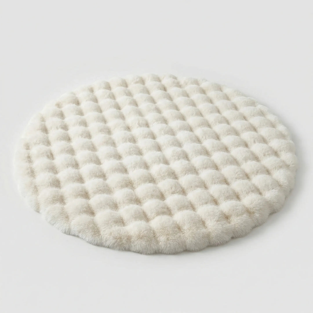 Statement Flowique round plush rug, wave pattern, soft & cozy for modern living room decor.