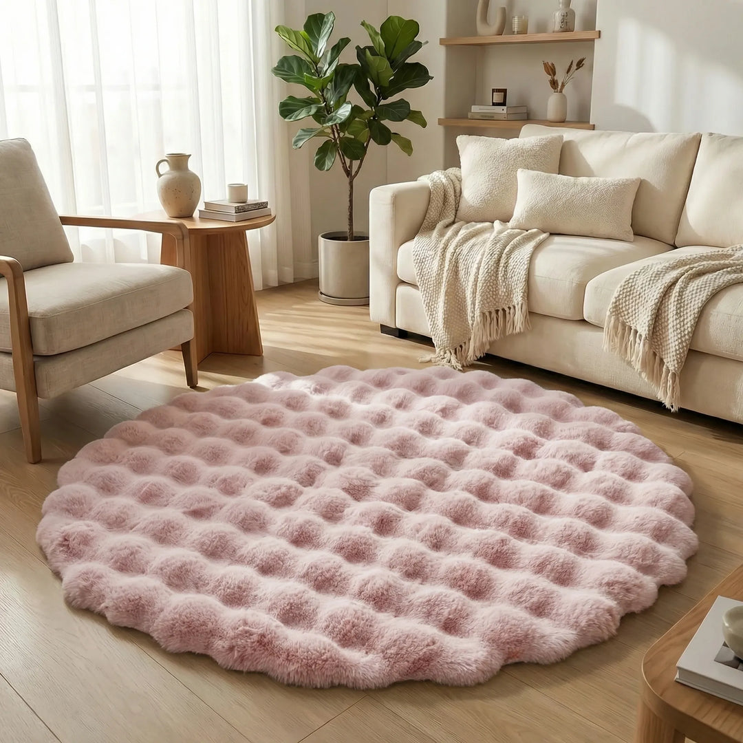Flowique statement round plush rug, luxurious wave design, elevates cozy home & bedroom decor.