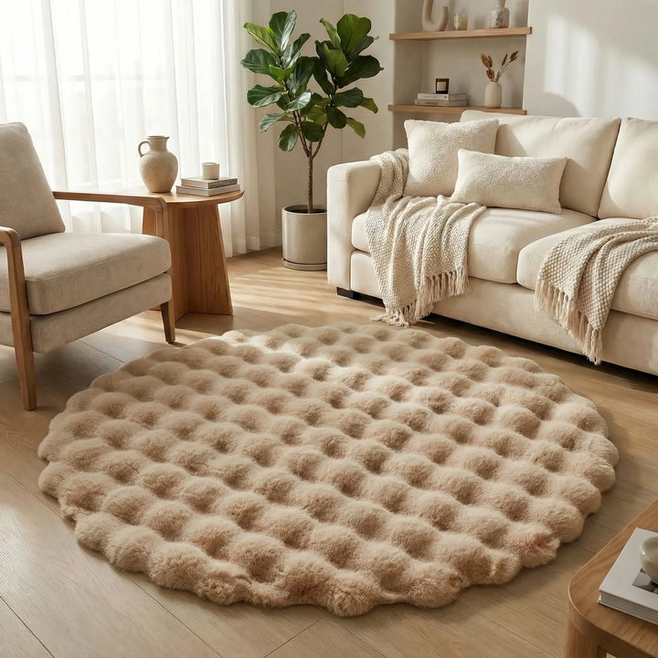 Luxurious round plush area rug featuring a unique wave design for elegant and cozy home decor.