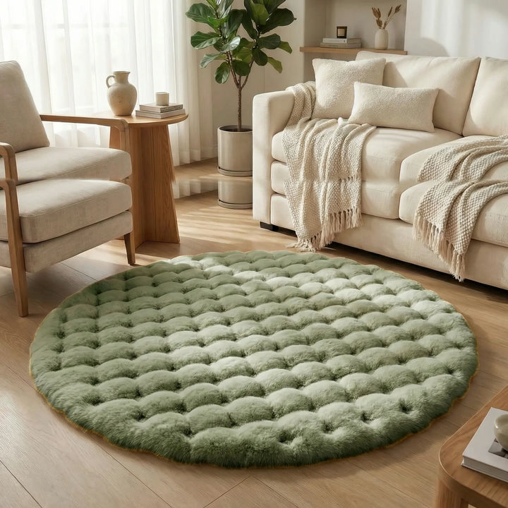 Cozy round plush area rug with waves, perfect soft statement piece for bedroom home decor.