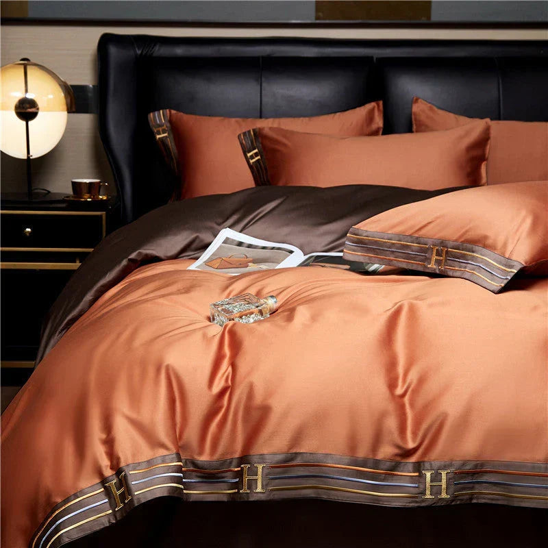 Sophisticated satin duvet cover detail, part of a 4-piece luxury bedding set, enhancing home textile style.