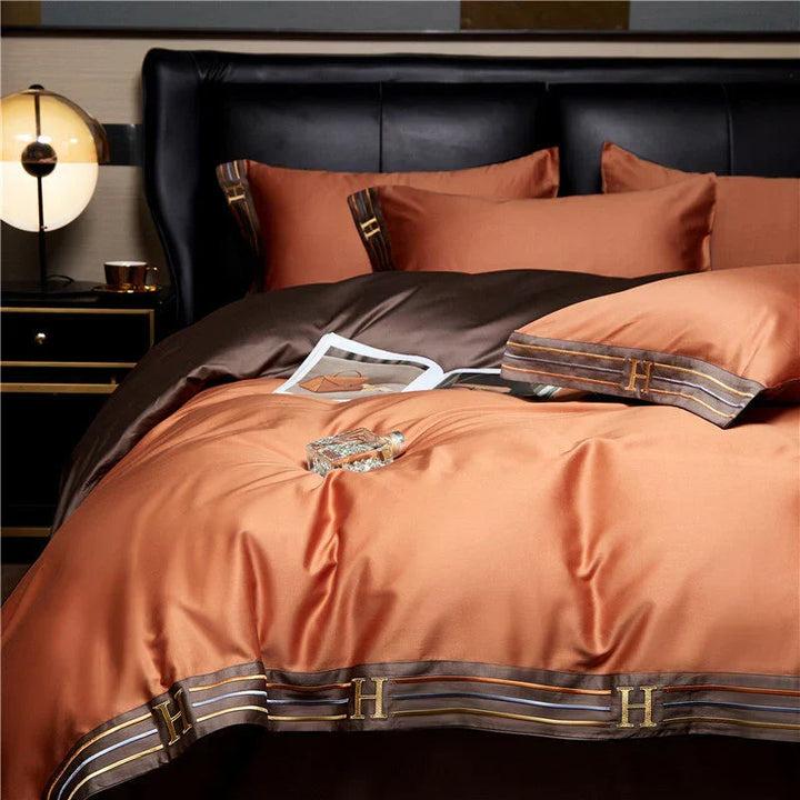 Sophisticated satin duvet cover detail, part of a 4-piece luxury bedding set, enhancing home textile style.
