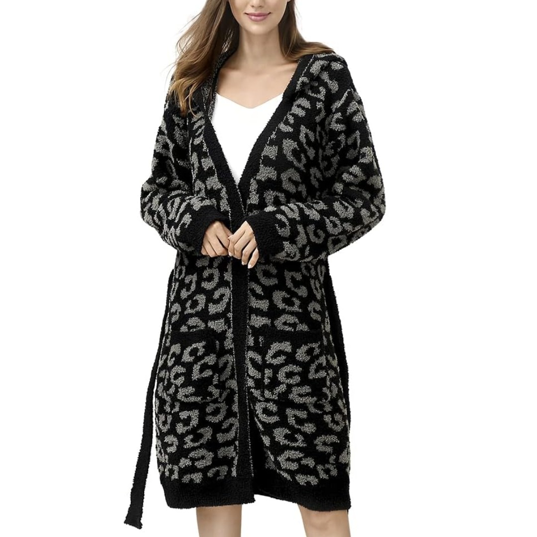 Stylish leopard print women's spa robe. Soft, luxurious loungewear, a great gift for her.