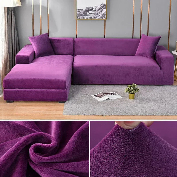 Modern living room decor: sophisticated stretch velvet sofa slipcover.