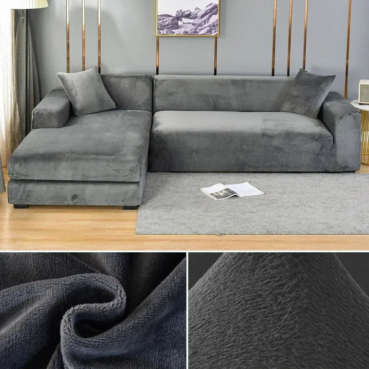 Modern living room makeover with a luxurious stretch velvet sectional cover.