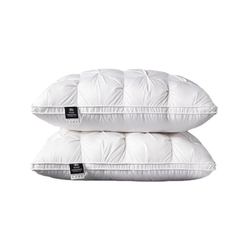 Luxurious white goose down pillow for ultimate sleep comfort & neck support. Soft, breathable cotton bedding.