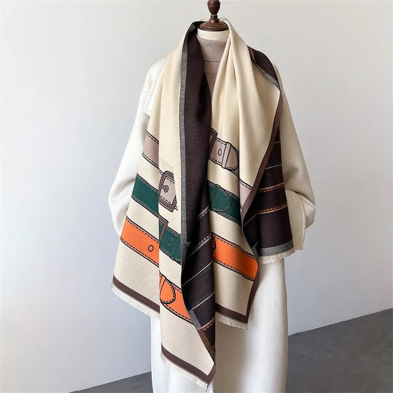 Elegant patterned women's cashmere blend scarf, a stylish and warm luxury accessory for any outfit.