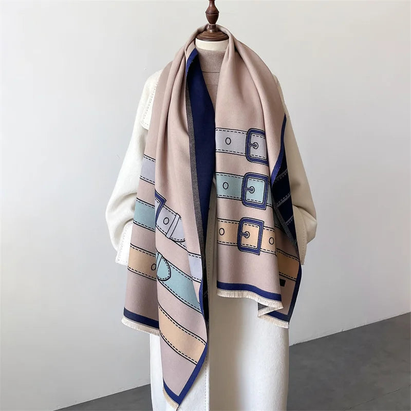 Draped women's patterned cashmere blend scarf, a soft, warm, and luxurious fashion accessory.